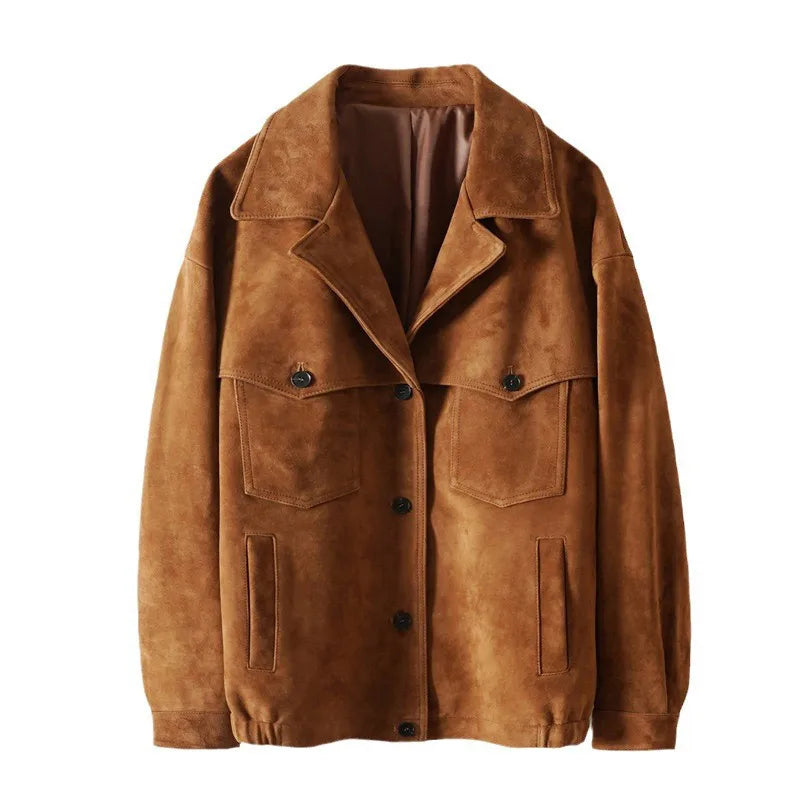 Lady Real Leather Suede Jacket 2024 New Sheepskin Leather Coat Women's Oversized Coat Fashion Streetwear Bomber Jacket