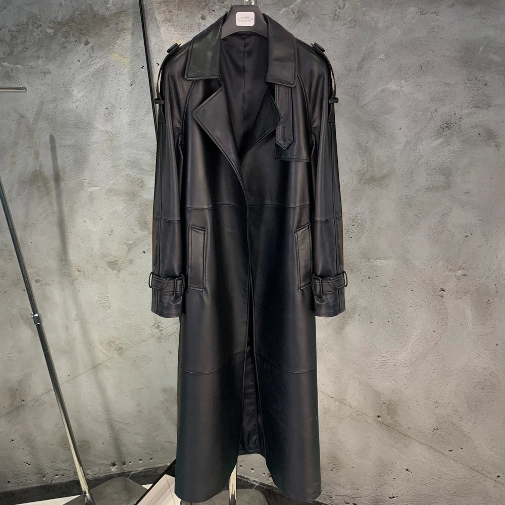 Gold Leather Coat Long Ladies Real Sheepskin Coat Genuine Sheep Leather Windbreak Long 21018