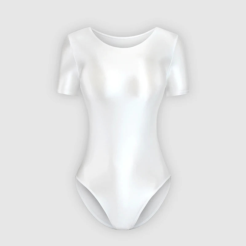Japanese Men's Bathing Suits Women's Sexy Silky Glossy One-piece Swimsuit Shiny Short Sleeve Bodysuit, Oily Tights Shapewear