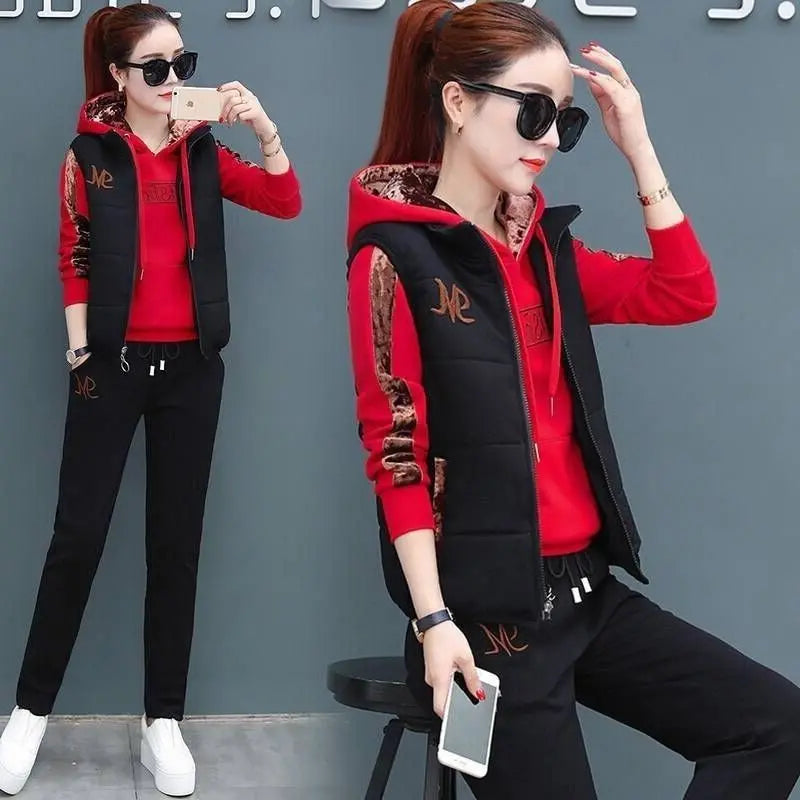 Women's Casual Sweat Suit 2025 Autumn Winter New Fashion Plush Thickened Hooded Tops Waistcoat Pants 3 Three Piece Set For Women