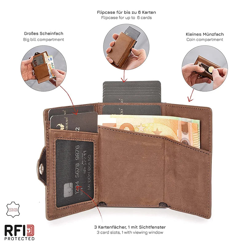 100% Cow Genuin Leather Rfid Credit Card Holder Men Wallets Coin Pocket Bank Cardholder Minimalist Wallet Metal Case Male Purse