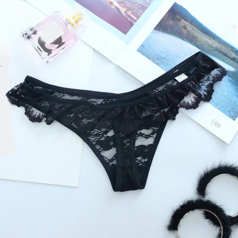 Women Sexy Thongs  Scalloped Floral Lace Fine Lingerie Low Waist Translucent Breathable Hollow Sheer Sexy Intimate Lingerie