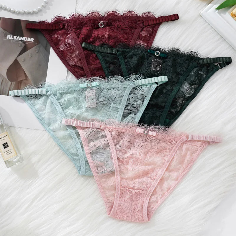 Thongs For Women Sexy Solid Color Lace Panties Low Waist Lingerie Hollow Out Transparent Floral Adjustable Breathable Underwear