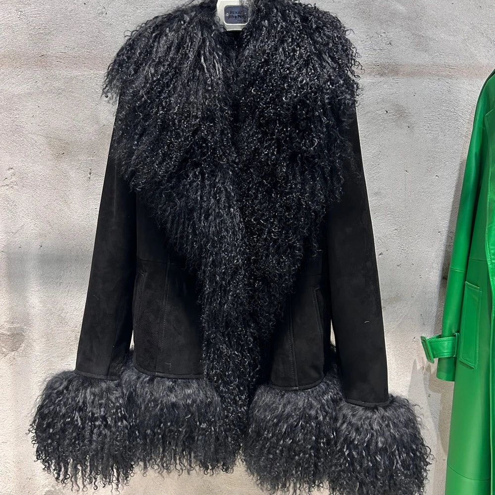 Black Suede Mongolian Sheep Fur Coat Women Fur Jacket with Long Sleeve New arrival Winter Real Fur Coat