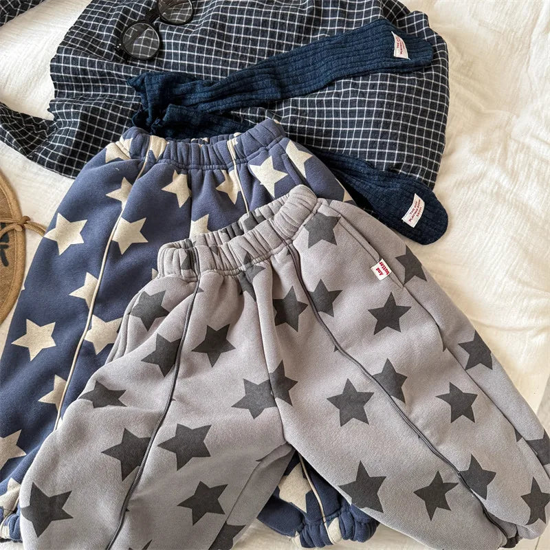 2025 Winter New Children Plus Velvet Thick Casual Pants Fashion Print Boys Fleece Sweat Pants Girls Warm Trousers Kids Clothes