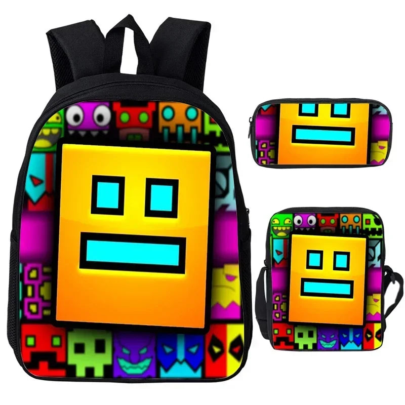 Large Capacity Bookbag 3pcs Set Boys Girls School Bags Angry Geometry Dash Cartoon Print Children Backpack Back To School Gifts