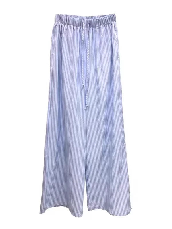 Blue Ice Silk Stripe Pants Women's Casual Summer Spring Wide Leg Pants Small Size Sembach Trousers High Waist Loose Fit