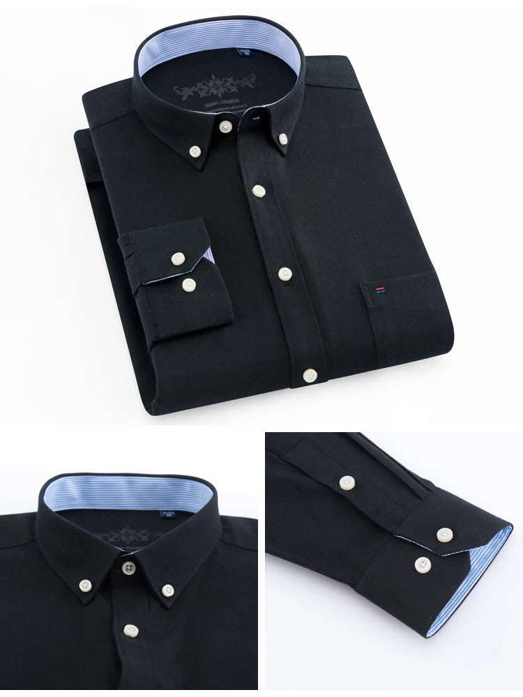 Men's Fashion Long Sleeve Oxford Work Shirt Single Patch Pocket Simple Design Embroidered Regular-fit Casual Button-down Shirts