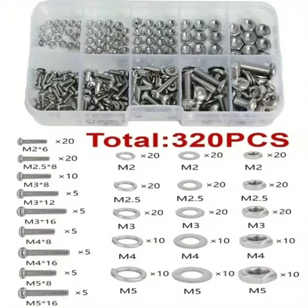320pcs Stainless Steel Screw Nut Bolt Assortment Kit M2 M2.5 M3 M4 M5 Nuts and Bolts Assortment