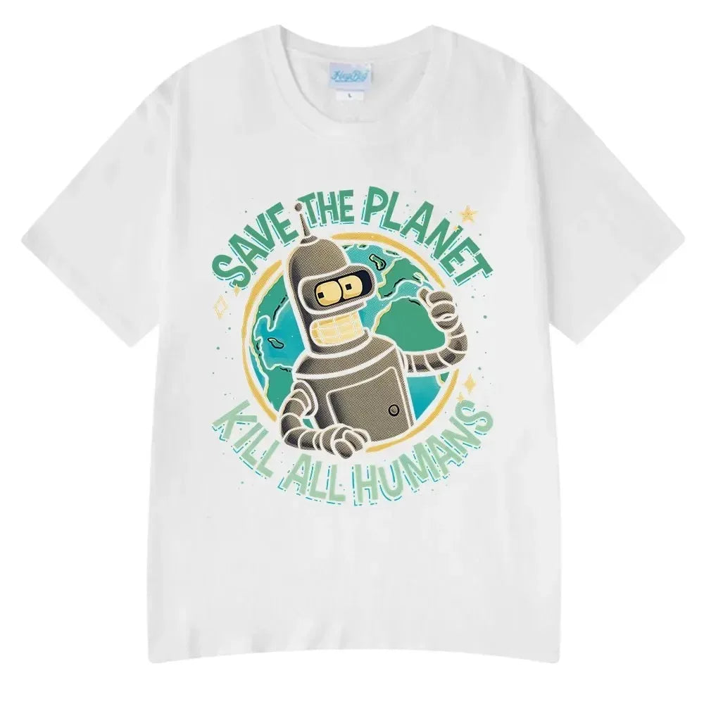 Summer Fashion Hot Save The Planet Kill All Humans Funny Tops Robot Print Oversized T-Shirts Men Women Short Sleeve Cotton Tops