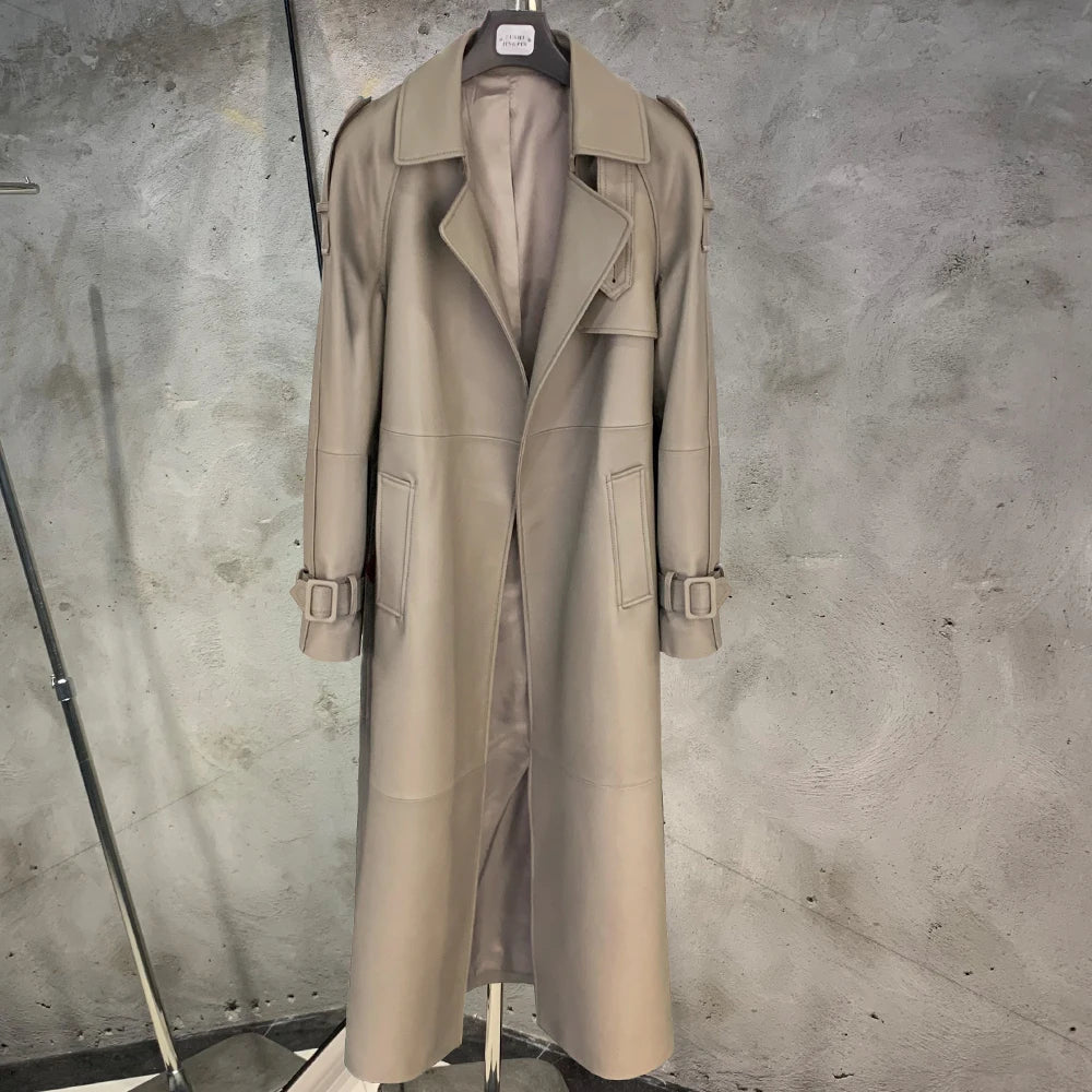 Gold Leather Coat Long Ladies Real Sheepskin Coat Genuine Sheep Leather Windbreak Long 21018