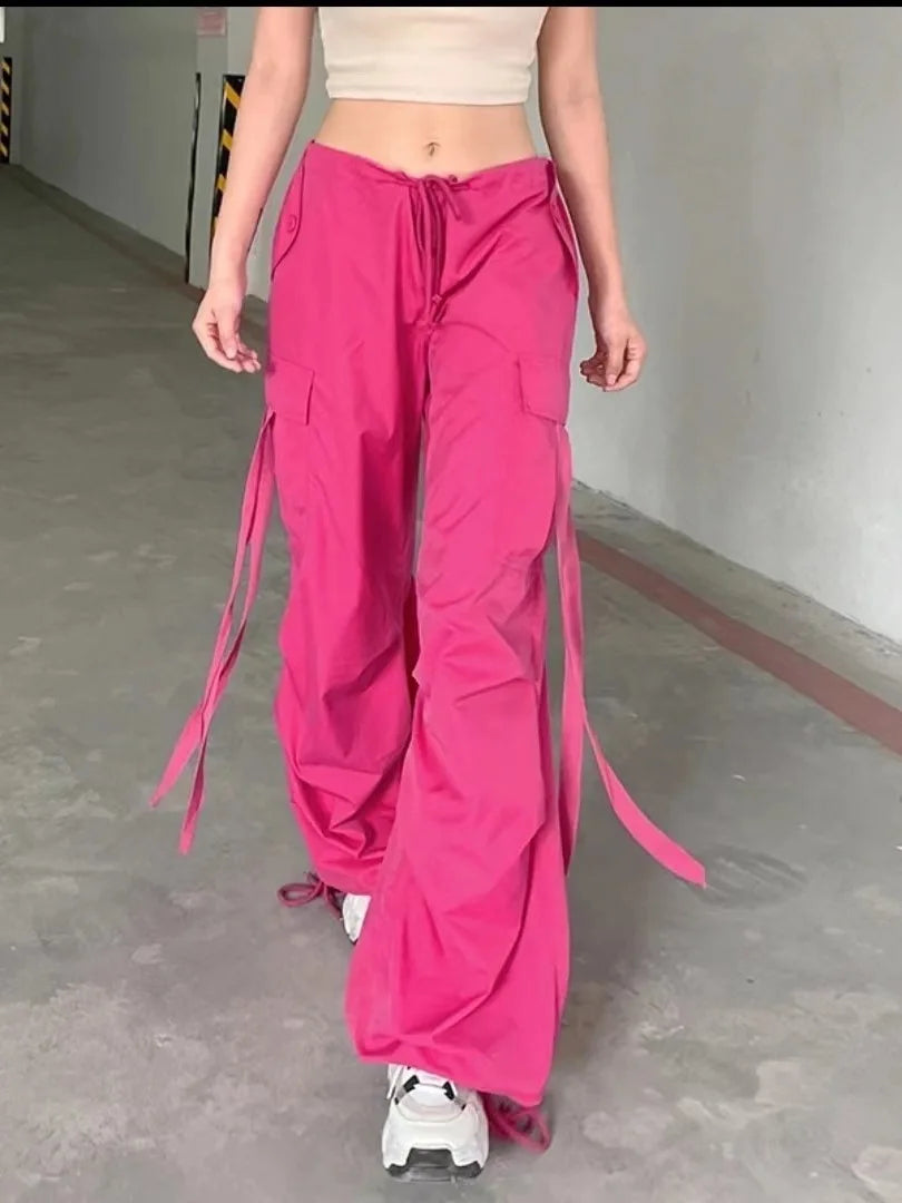 Pink Sash Loose Wide Leg Pants Women's Spring Summer Thin Drawstring Trousers Casual Loose Long Pants Trendy Commute Style