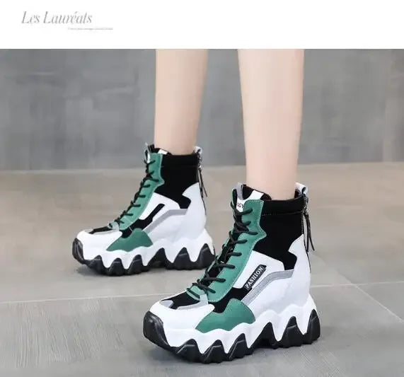 2025 Women Thick Sole Ankle Boots Autumn Luxury Platform Casual Boots Women's 8cm High Heels Wedge Boots Shoes Woman Sneakers