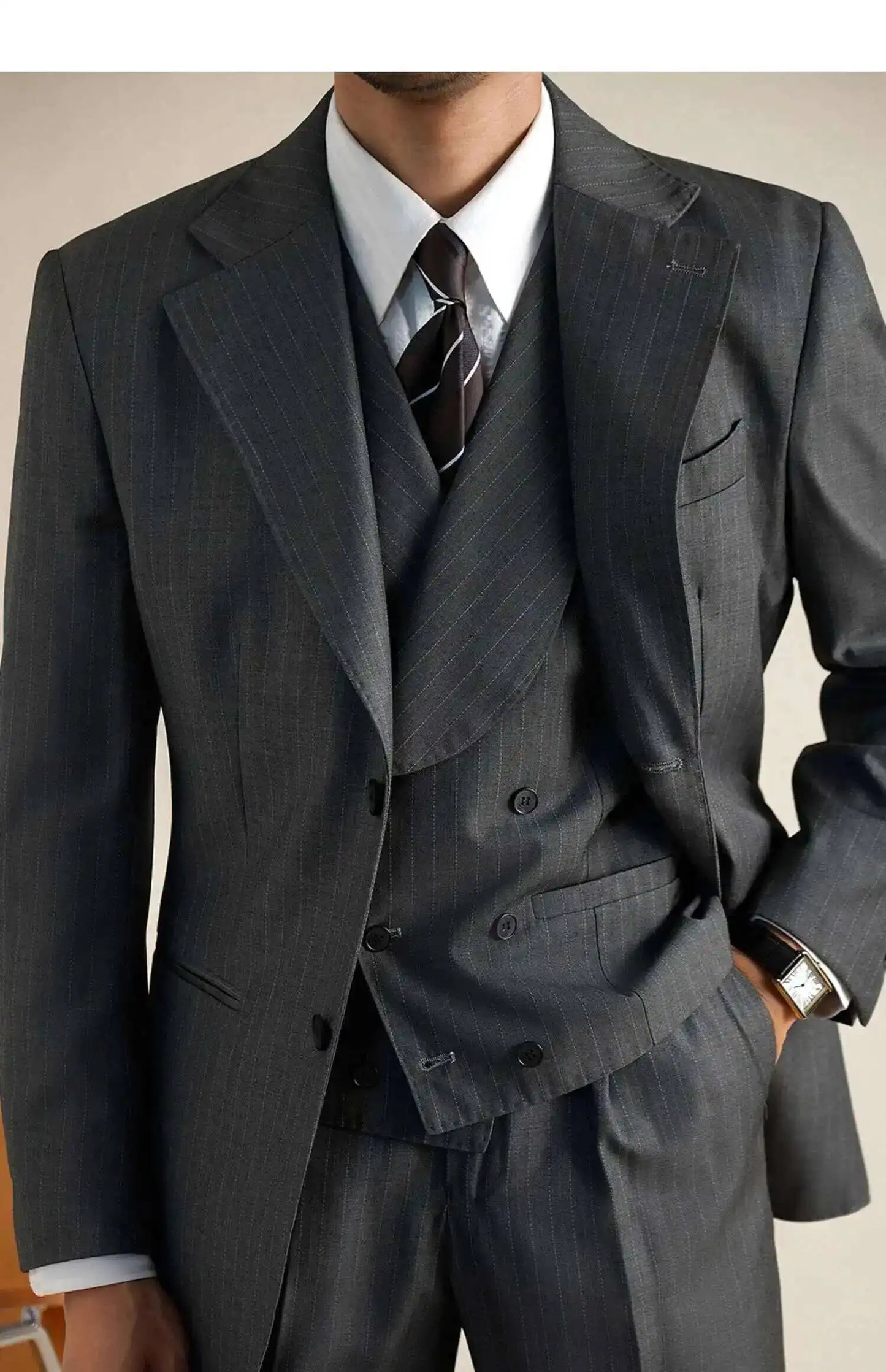 Wool Italian Blazers Suit For Men Business Double Breasted Wedding Tuxedo Suit Smoking Homme Mariage Striped Suit 3 Piece Homme