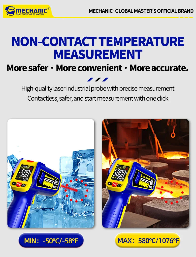 MECHANIC Industrial Thermometer Non-Contact High-Precision -50°C~580°C 13-Point Laser Targeting LCD Digital Temperature Meter