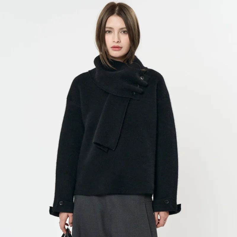 Winter wool sweater women's casual solid color round neck long sleeved scarf decoration loose sweater