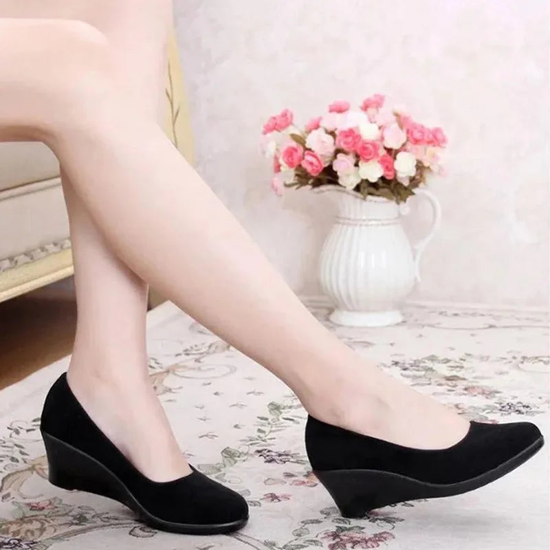 Women's 5cm Wedge Heels Workwear Ceremonial Cloth Shoes Black PU Office Ladies Spring Slip on Oxford Shoes Shallow Mouth Shoes