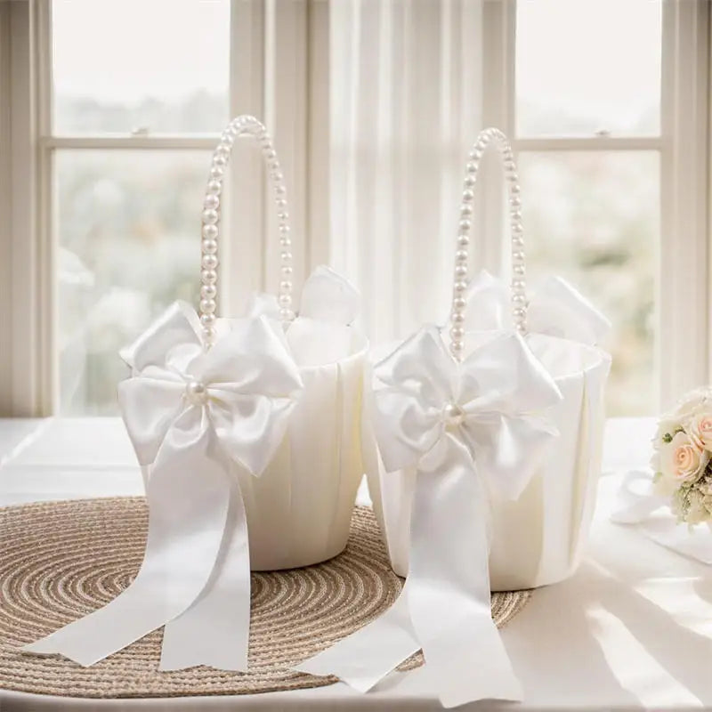 White Girls Flower Basket Silk Wedding Basket Flower Bride Girls Kids Hand Held Wedding Party Wedding  Bridal Flower Basket