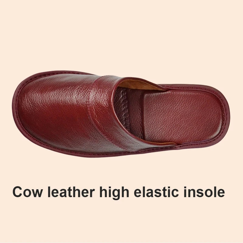Genuine Cow Leather Slippers Homes in indoor slipper Spring Autumn summer men women elderly non-slip casual single Slides shoes