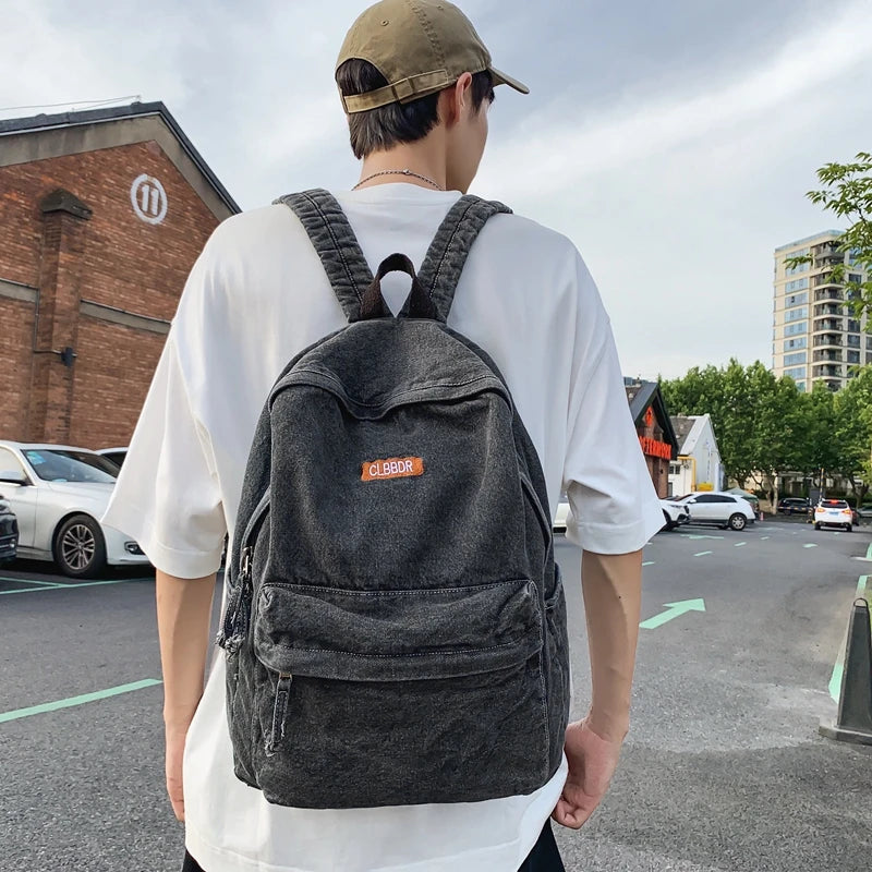 100% Cotton School Bags Solid Black Canvas Casual Backpacks Unisex Large Capacity Denim Satchels Soft Cloth Travel Packages