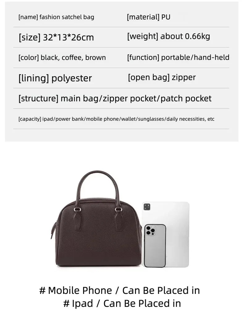 New Women's Handbag, Simple Casual Bag, Large-Capacity Briefcase, Fashionable Commuter Tote Bag, Retro-Style Water-Repellent Bowling Bag