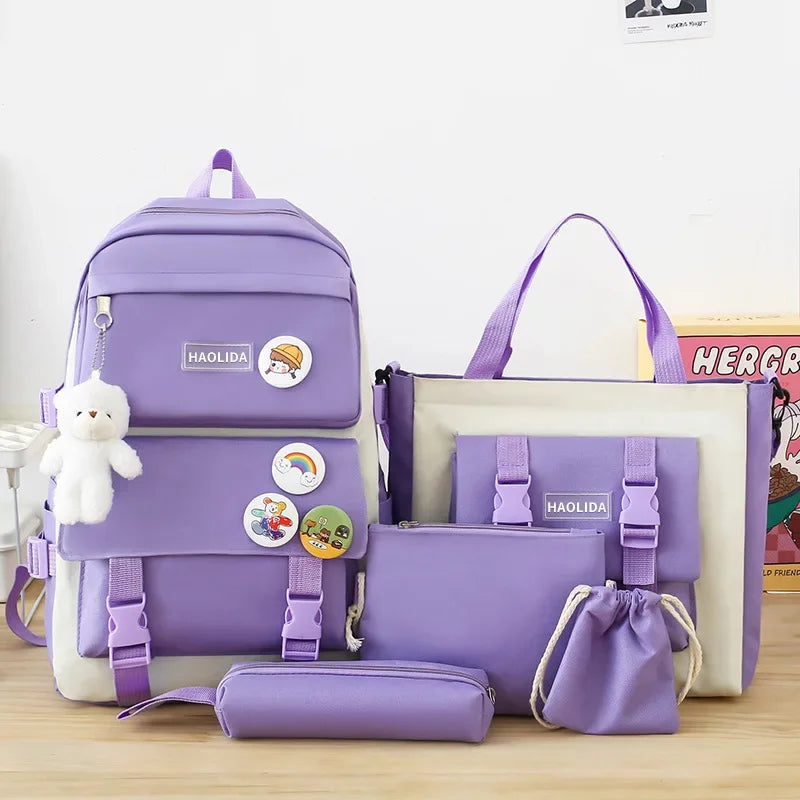 5PCS Kit Backpack Female Fashion Lady High Capacity Waterproof College Trendy Girls Laptop School Bags Cute Girl Travel Book Bag