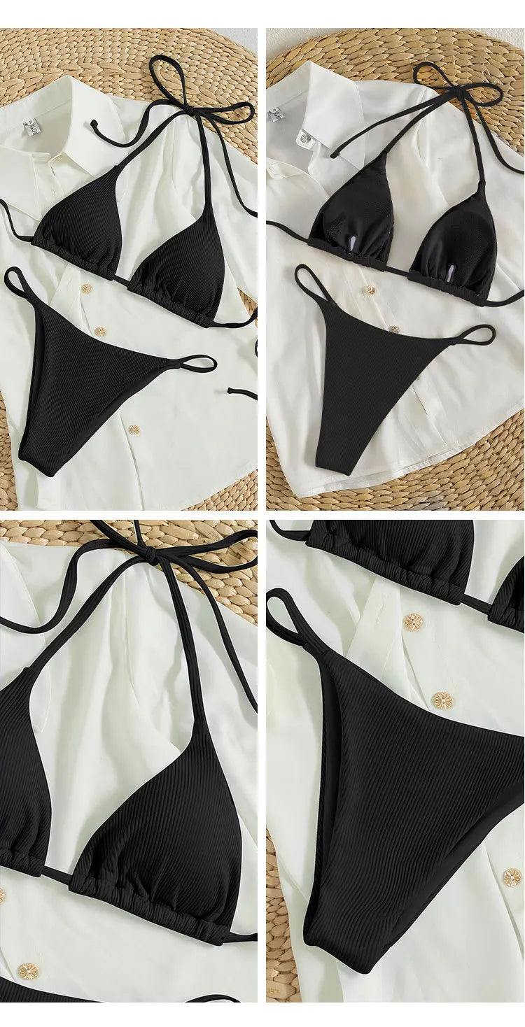 Bathing Suit Women Sexy Solid Halter Swimsuit Special Stripe Fabric Bikini Set Drawstring Lace Up Two-piece Split Beach Biquini