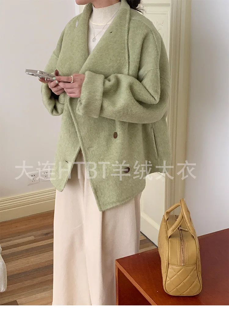 New Winter Short Woolen Coat Fashion Causal Warm Mulberry Silk Lapel Double-sided Wool Coat Loose Suit Jacket Female Tide Autumn