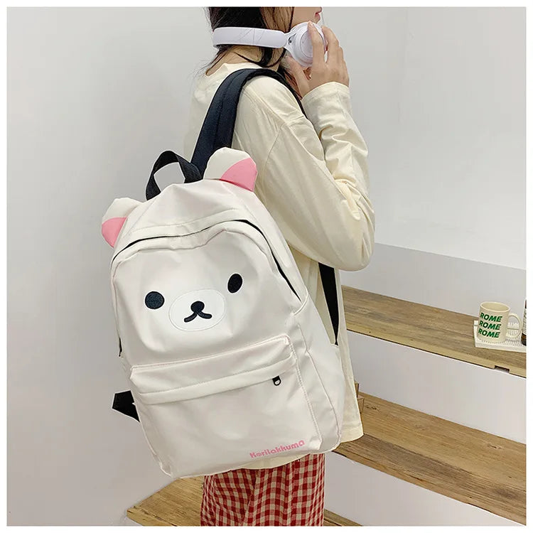 Rilakkuma Kawaii Cartoon Backpack Waterproof Nylon Large Capacity Embroidery School Bag For Young Adult Daily Travel Campus Work
