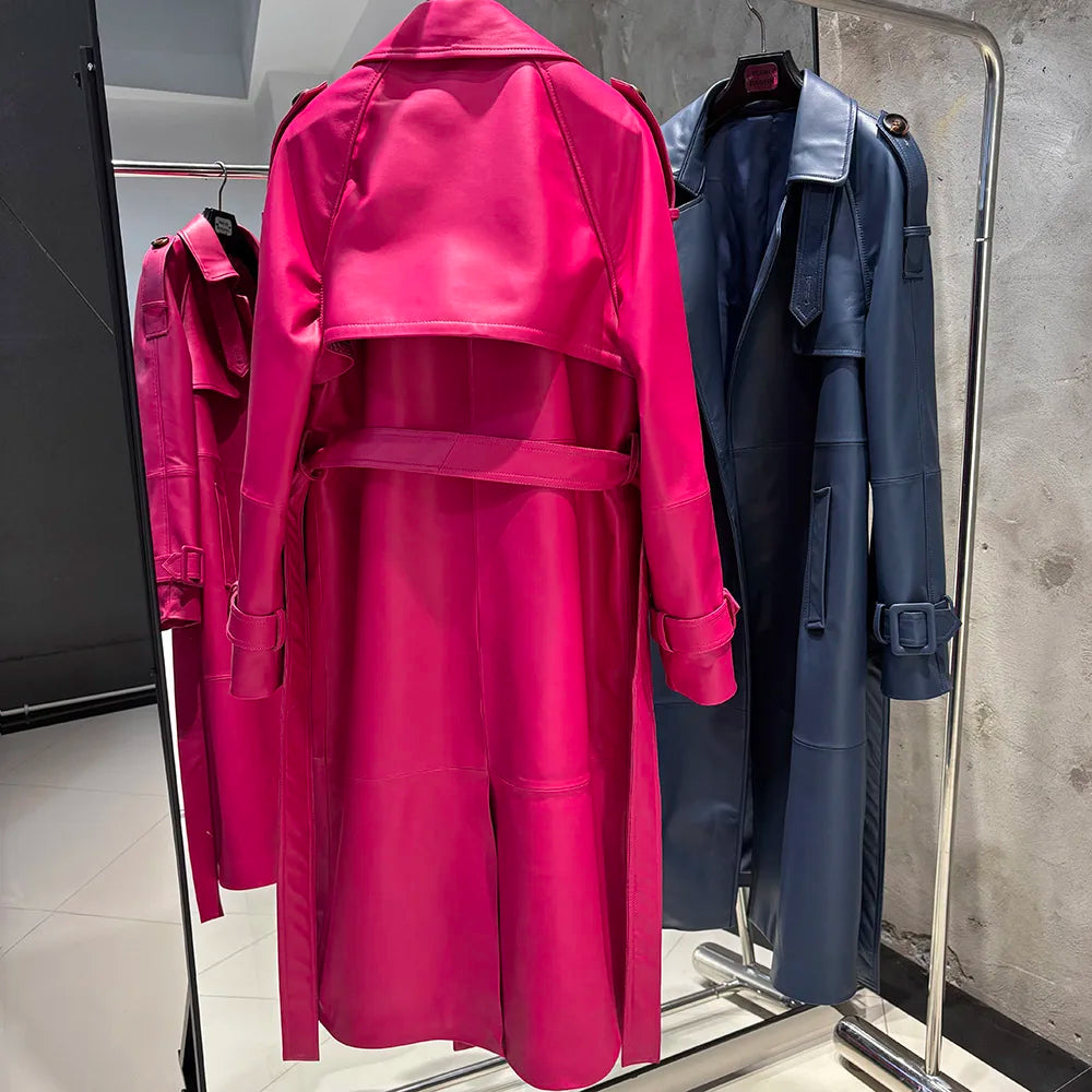 YOLOAgain High Quality Real Leather Trench Coat Women Genuine Leather Jacket Windbreak Female