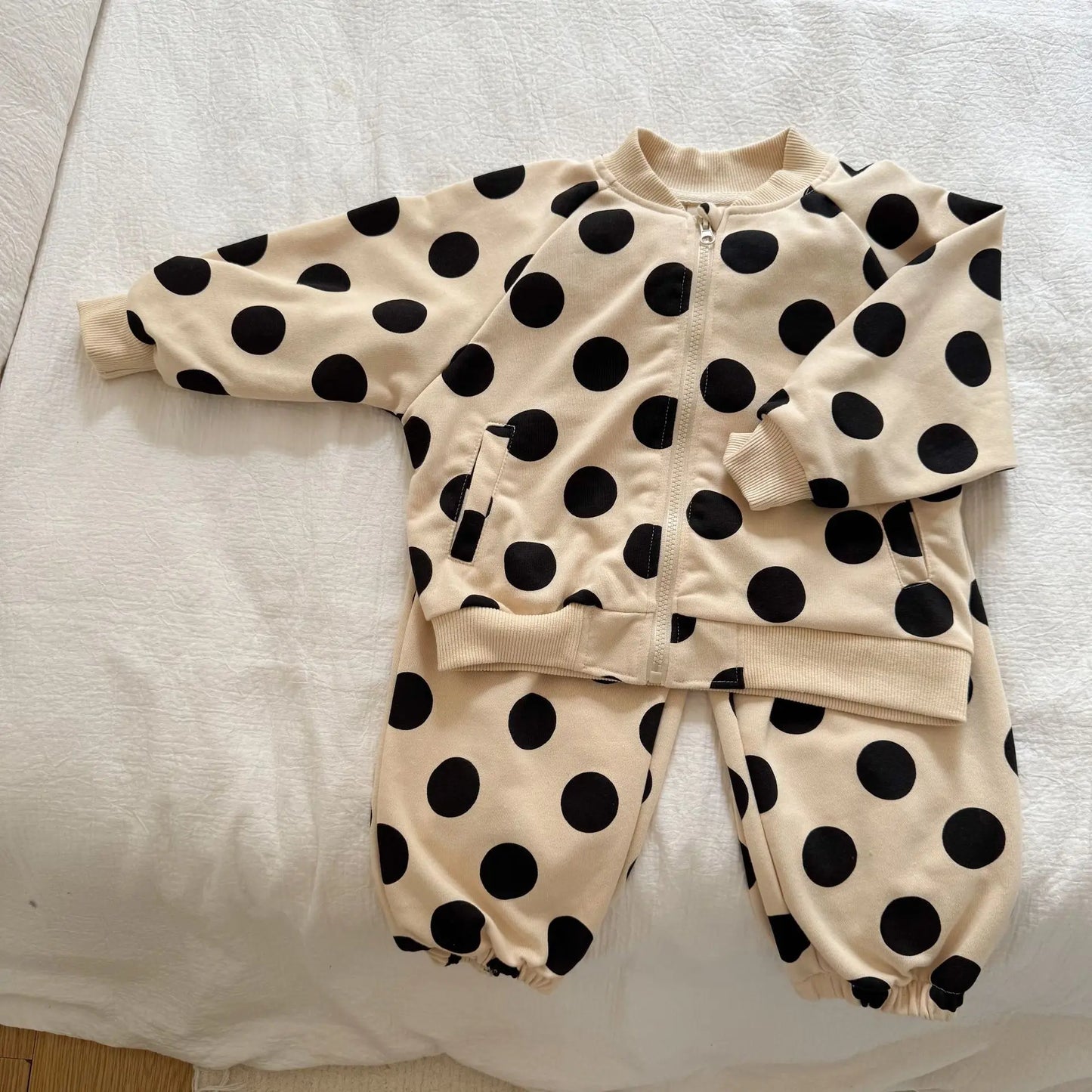 2025 Autumn New Children Long Sleeve Clothes Set Boys Girls Zipper Coat + Sweat Pants 2pcs Suit Kids Casual Polka Dot Outfits