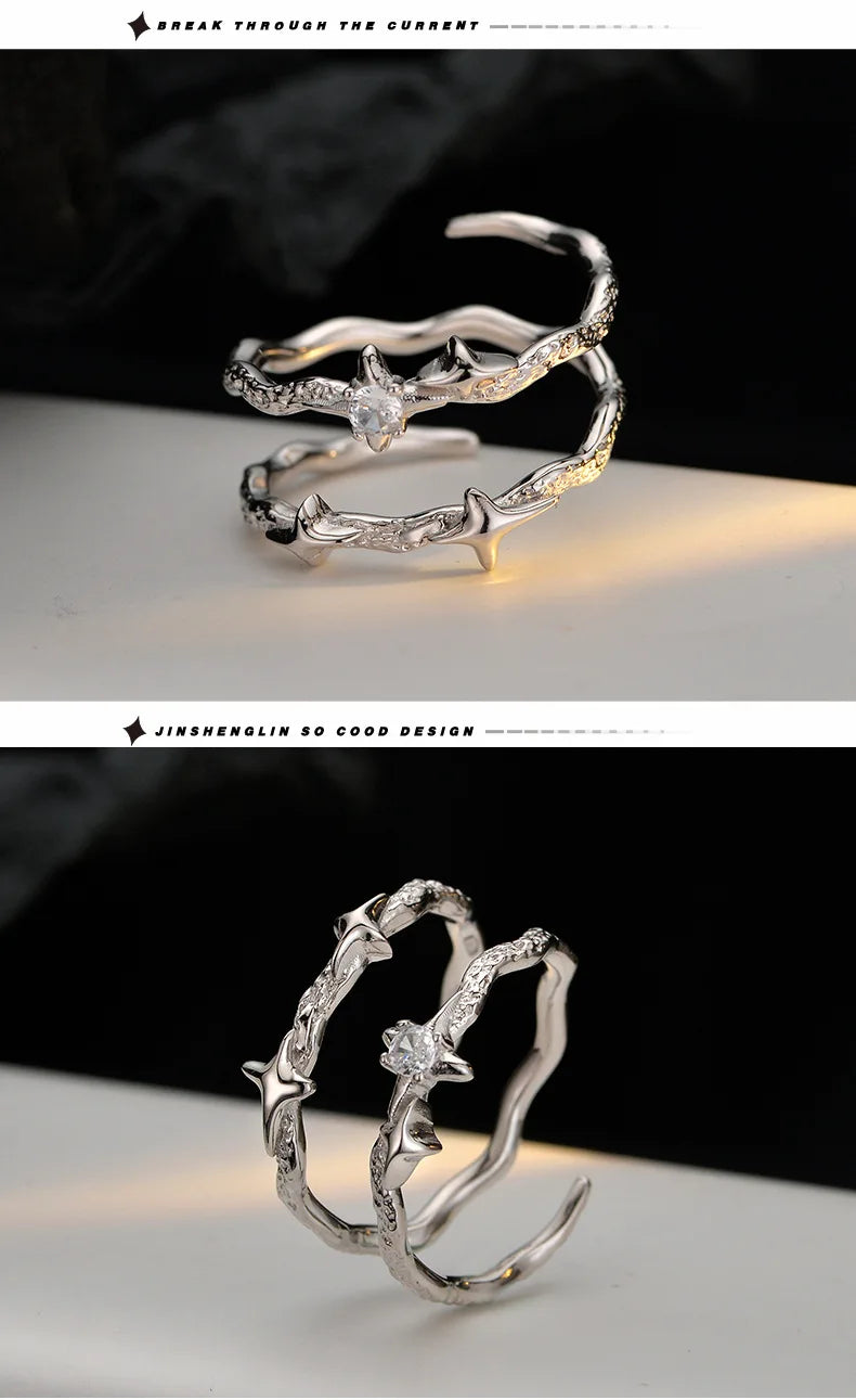 F.I.N.S New Original Simple S925 Sterling Silver Star Ring Women's Double Layer Irregular Adjustable Finger Fine Jewerlry Gifts
