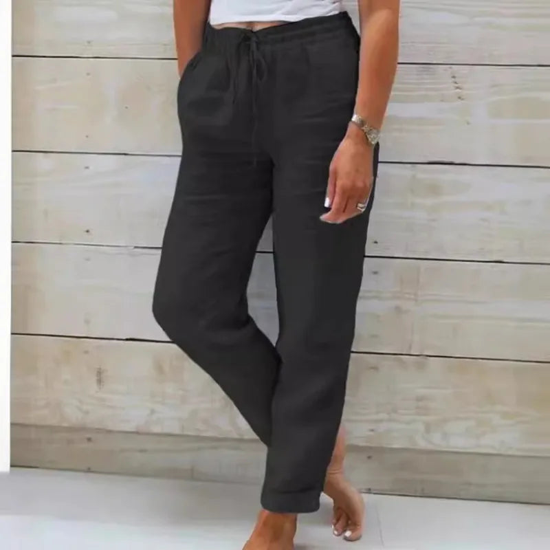 Cotton Linen Pants For Women Fashion Streetwear Elegant Summer Casual Solid Color Trousers High Waist Elastic Straight Pants