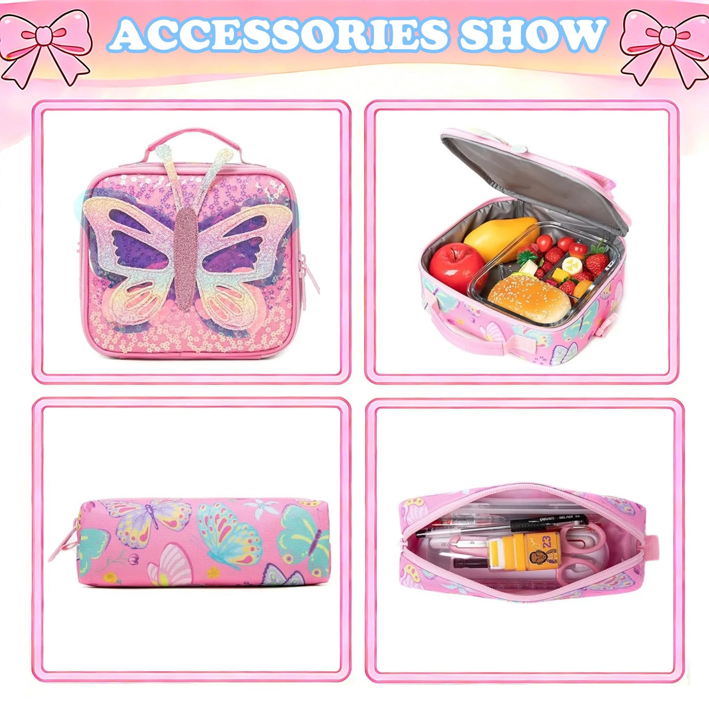 Cute School Backpack for Girls Children Shoulder Bag with Insulated Lunch Box Casual Daypack for Students Back To School Gift