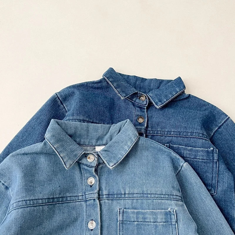 Baby clothes 2025 new children's solid color long sleeved denim set, boys and girls cardigan long pants casual sports two-piece