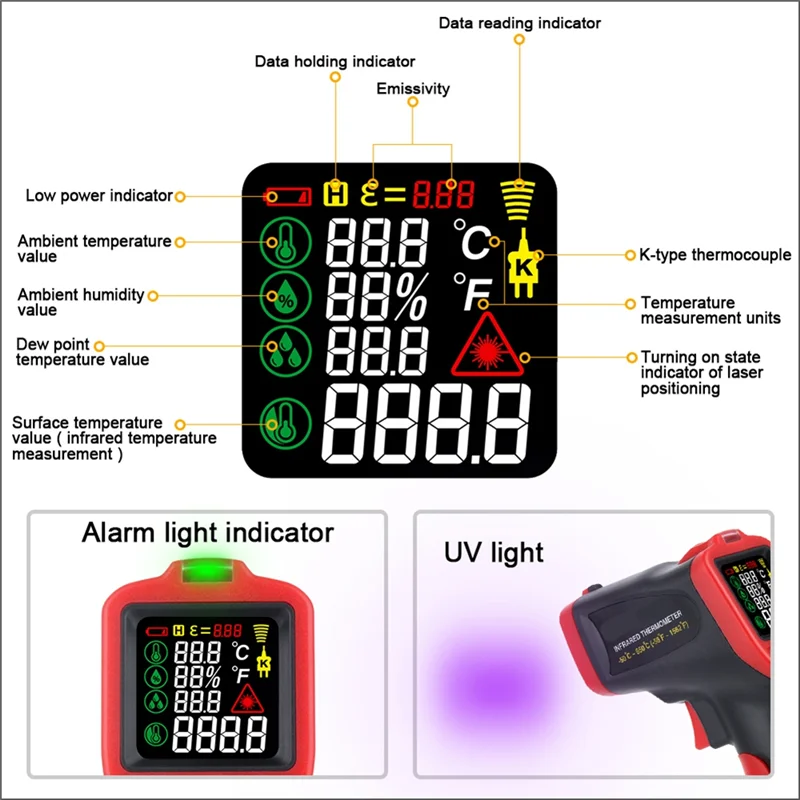 KYCOR-Infrared Digital IR Thermometer Non-Contact Laser Temperature Meter Pyrometer Hygrometer Colorful LCD