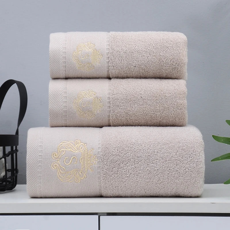 Inyahome Set of 3 Bathroom Cotton Towels Set Embroidered Luxury 2 Hand Towels 35x75cm and Big Bath Towels 70x140cm Washcloth