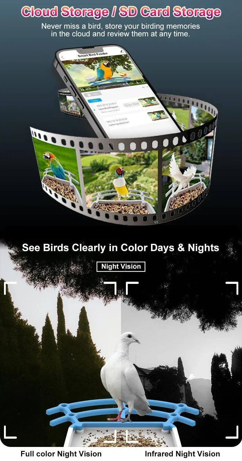 2.4G WiFi Smart Bird Feeder with Camera 2.4K Screen Solar Low Power Night Vision IP66 Waterproof 4G or WIFI Connected Feeder