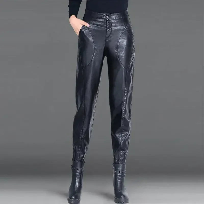 Pants for Women High Waist PU Leather Harem Woman Trousers Aesthetic One Size Classic Autumn Trends 2025 90s Outfits Clothing G