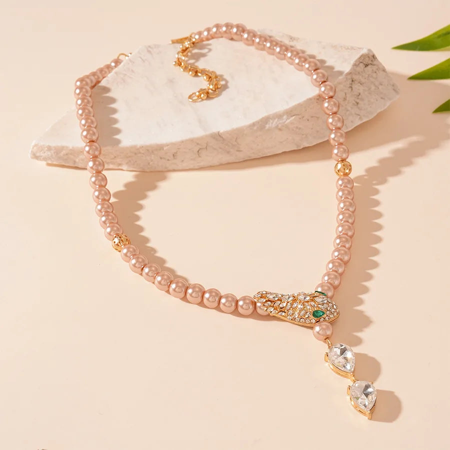 Snake Necklaces Drop Earrings Jewelry Set Luxury Rhinestone Imitation Pearl Beaded Chain Necklace for Party Wedding Bridal Gifts