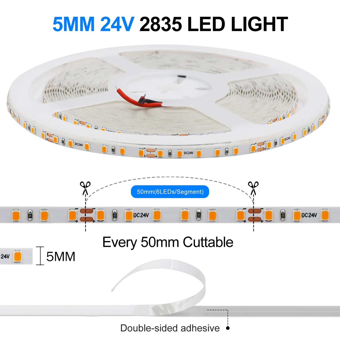 LED Strip 5mm 12V 24V 120LEDs/m Warm White Yellow Red Green Ice Blue Pink Purple Not Waterproof Flexible Tape for DIY Room Decor
