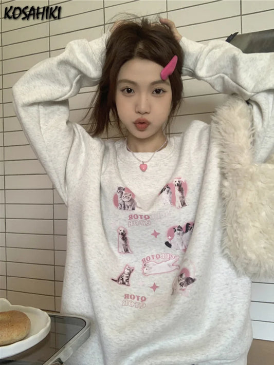 KOSAHIKI Cute Hoodies Women Letter Dog Print Sudaderas Mujer O-neck Sweatshirt Harajuku Streetwear Y2k Pullover Moletom Feminino