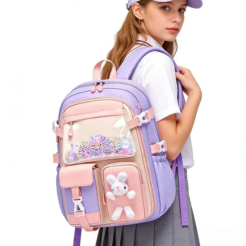 School Bag Oxford Cloth Polyester Waterproof Cute Cartoon Backpack Girls Spine Protection Rucksack Daily Campus Commuting Bag