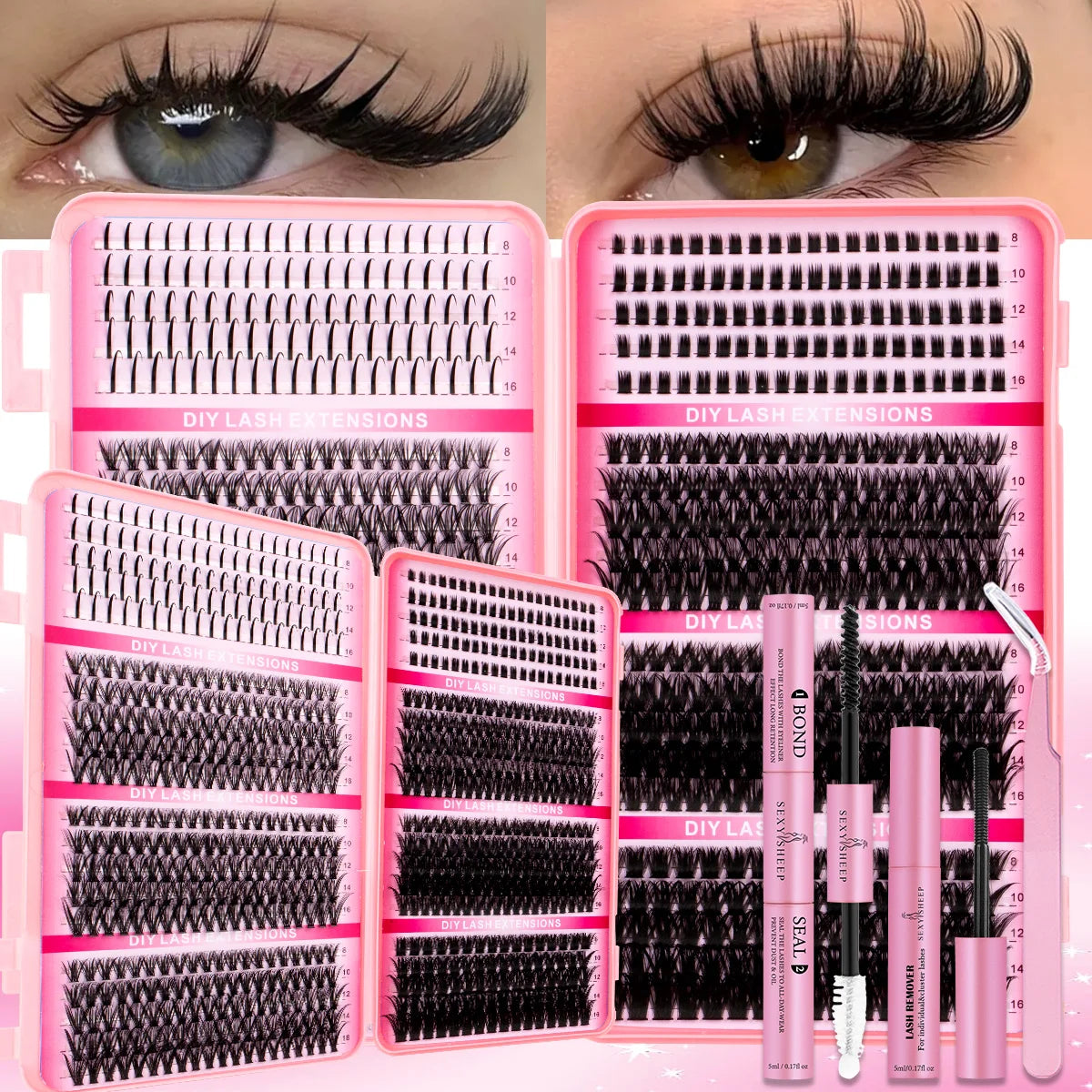 DIY Eyelash Extension Kit Soft Natural Look Wispy Kit with Bond & Seal Tweezers Reusable Cluster Lashes D Curl Individual Lash