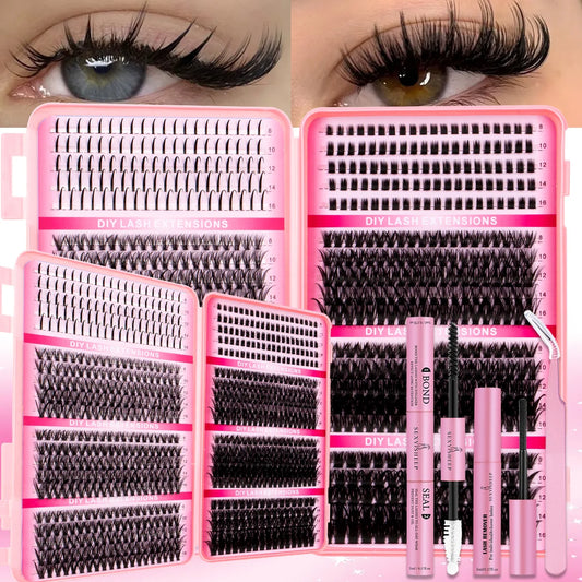 DIY Eyelash Extension Kit Soft Natural Look Wispy Kit with Bond & Seal Tweezers Reusable Cluster Lashes D Curl Individual Lash