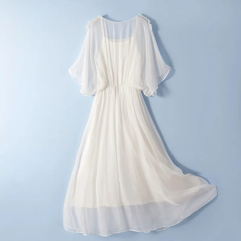 100% Silk Dress New Fashion Summer Dresses For Women 2024 High Quality Casual Dress Women Elegant Midi Dress Vestido Feminino Lq