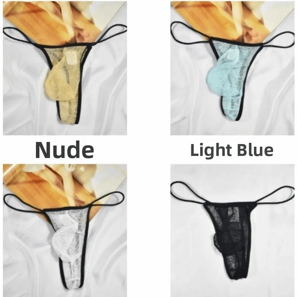 Comfortable Low Waist Men's Thongs Transparent U Convex Pouch T-back Briefs Mesh Halloween Net Lace Triangle Panties Fitness