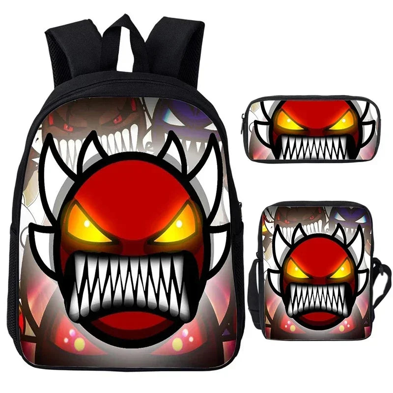 Large Capacity Bookbag 3pcs Set Boys Girls School Bags Angry Geometry Dash Cartoon Print Children Backpack Back To School Gifts