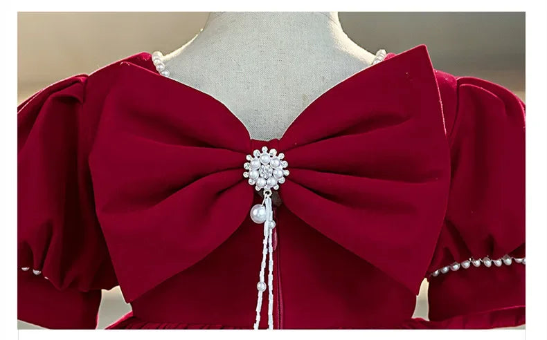 2025 Red Dress For Children Formal Party Dresses For Baby Girl ClothesKids With Big Bow Girls Teenagers Beading Plain Ball Gown