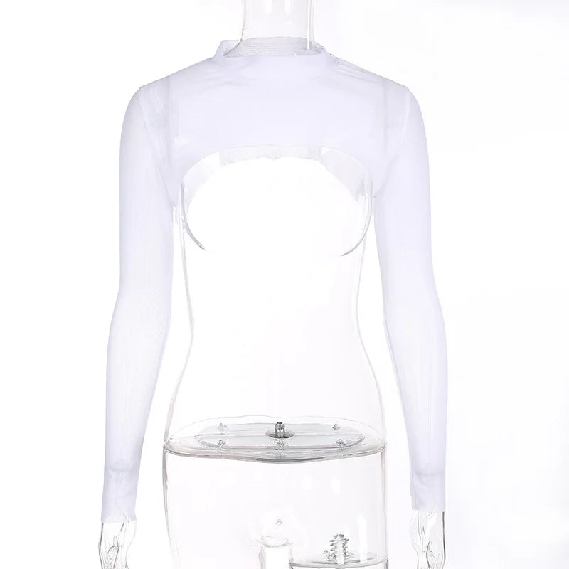 Hot Summer Sexy Top Ultra Short Perspective Round Neck Long Sleeve Solid Color Transparent T-shirt Women's Top